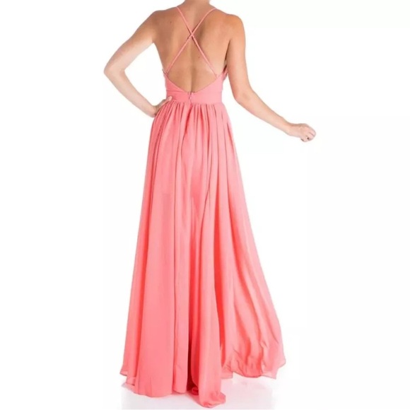 Meghan Los Angeles Coral Maxi Gown Plunge Neckline NWOT - Picture 2 of 9